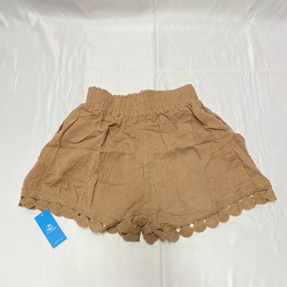 Camel Elastic Waist Ornate Hem Shorts - Picture 4 of 4